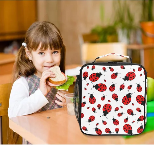 Vista 6 de MNSRUU Bolsas de almuerzo para niños y niñas, bonita mariquita roja, reutilizable, aislada, kit de bolsa térmica para comidas, organizador de bolsa