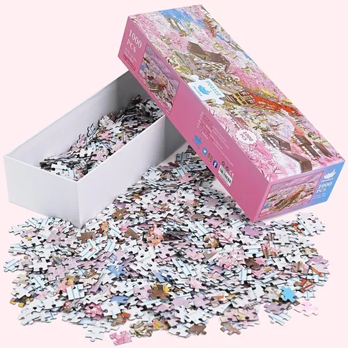 Vista 9 de MOMIBOOK Rompecabezas de 1000 piezas para adultos, rompecabezas de Arashiyama Sakura Tour, imagen de pintura, flor de cerezo, difícil, desafiante