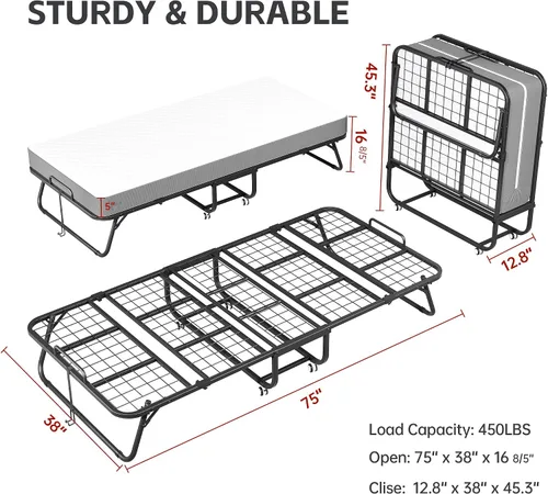 Vista 9 de INTERGREAT Cama plegable, cama portátil de tamaño individual de 75 x 38 pulgadas para adultos, camas plegables de metal para huéspedes con ruedas