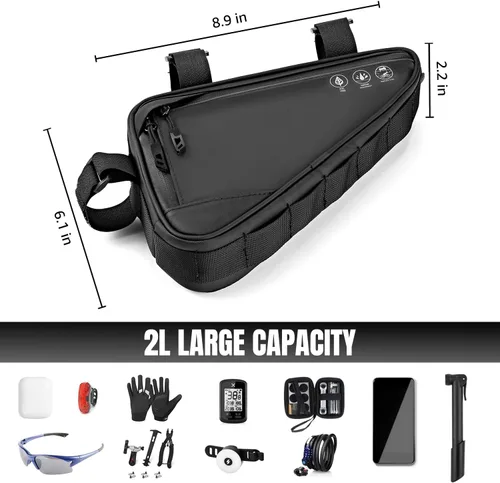 Vista 7 de Bolsa de almacenamiento para cuadro de bicicleta WOTOW, bolsa triangular reflectante resistente al agua con dos bolsillos laterales, bolsa