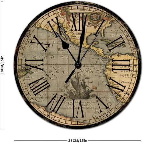 Vista 2 de Reloj de pared redondo de madera de estilo rústico, mapa del mundo retro, números romanos, reloj de madera, funciona con pilas, silencioso, sin