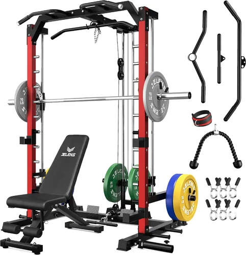 Vista 16 de JELENS SR01 Smith Machine, jaula de potencia multifunción de 2000 libras con sistema de extracción LAT, estante para sentadillas todo en uno