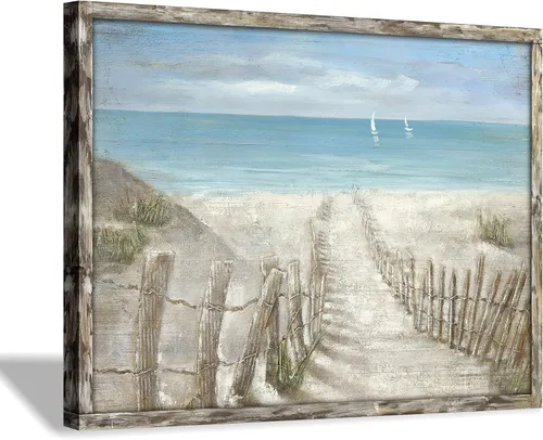Vista 22 de Hardy Gallery Lienzo impreso con diseño de camino de playa: lienzo con imagen del océano costero, arte de pared tamaño pequeño para baño