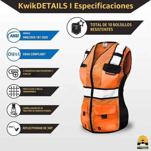 Vista 5 de KwikSafety (Charlotte, NC) RoadBOSS Econ & Chaleco de seguridad premium para mujer Naranja