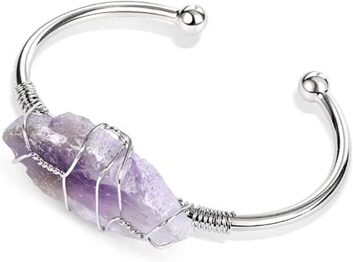 Vista 2 de Jeulia Brazalete de piedra curativa para mujer pulsera abierta de cuarzo rosa con cristales curativos naturales irregulares envueltos en cristales