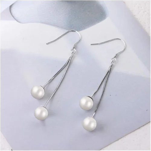 Vista 3 de Plata de ley con perlas de agua dulce aretes colgantes con borlas aretes de aro colgantes de cadena larga aretes de gancho de cadena larga aretes