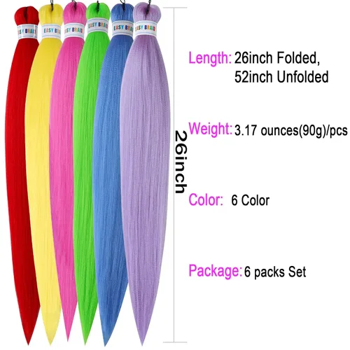 Vista 2 de Ms Aloe Cabello trenzado colorido preestirado, pelo trenzado multicolor, pelo trenzado suave sin nudos, 26 pulgadas, paquete de 6 unidades, cabello