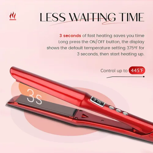 Vista 5 de Alisador y rizador de pelo 2 en 1, titanio y cerámica, rojo Plancha plana para cabello fino, calentamiento rápido, iones negativos, doble voltaje
