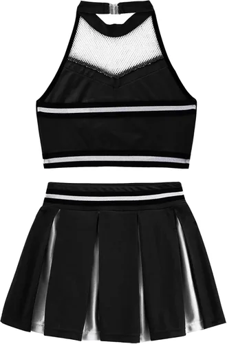 Vista 4 de Disfraz de animadora para niñas y niñas, camiseta sin mangas con minifalda plisada, uniforme de colegialas