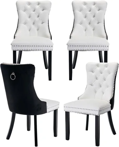 Vista 85 de Juego de 2 sillas de comedor de terciopelo, silla de comedor tapizada de alta gama con tirador de anillo en la espalda, adorno de clavos y patas
