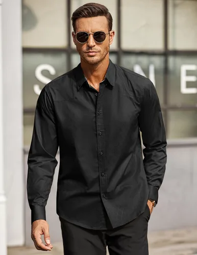 Vista 4 de COOFANDY Camisa de vestir de negocios para hombre, manga larga, casual, ajustada, con botones