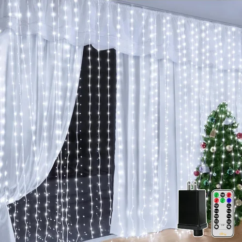 Vista 12 de Ollny Luces de Cortina 300LED 9.8ftx9.8ft, Conectables IP67 Impermeables para Exteriores con Control Remoto, Luces de Hadas Enchufables Sin Enredos