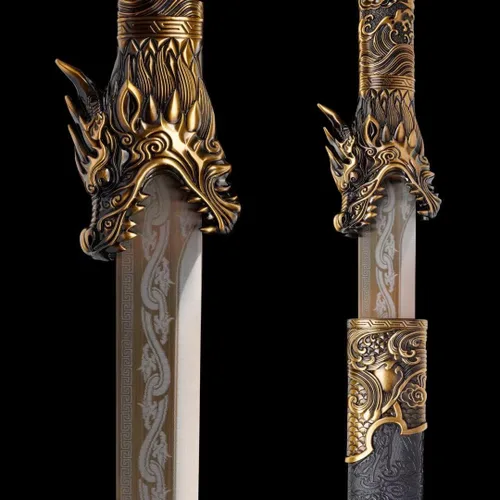 Vista 3 de Hoja de acero al carbono recta hecha a mano con patrón fresco chino Tang Dao Dragon Sword