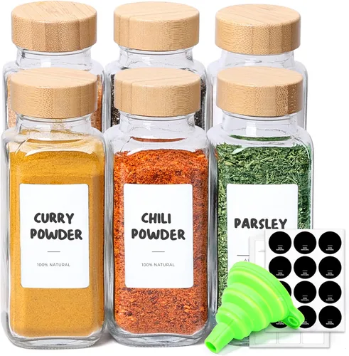Vista 9 de ComSaf 4 onzas 6 piezas de tarros de especias de vidrio con etiqueta, recipientes de especias vacíos con tapas de bambú, recipientes de condimentos