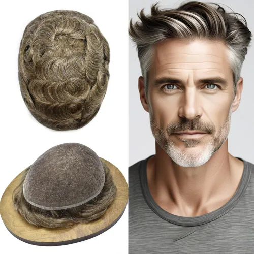 Vista 14 de Peluca de cabello humano con encaje completo, línea capilar real, para hombre, peluca de cabello con nudo blanqueado, pieza de pelo para hombres