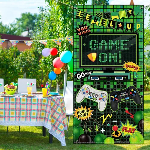 Vista 5 de Blulu Juego en telón de fondo de video juego para niños, decoración de fiesta de cumpleaños, juegos de decoración de 72 x 36 pies, neón