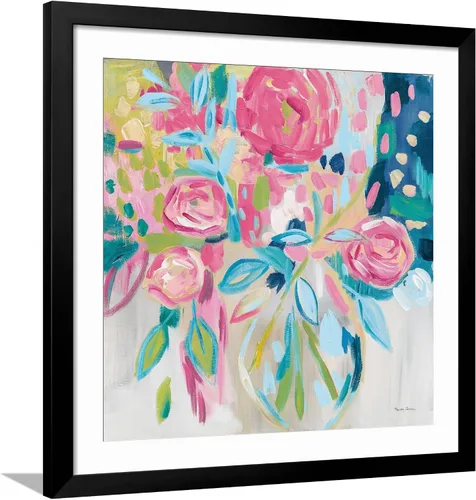 Vista 14 de ART.COM Farida Zaman - Lienzo enmarcado para pared, diseño floral rosa de verano, decoración botánica, 16 x 16 pulgadas, marco negro con paspartú