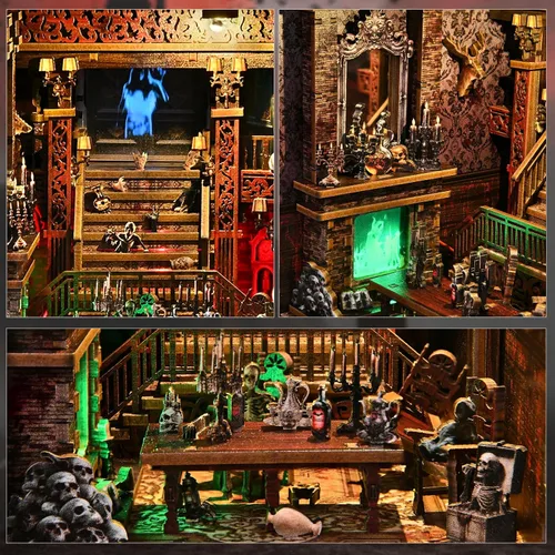Vista 5 de Kit de Rincón de Libro Espeluznante DIY, Casa de Muñecas en Miniatura Rompecabezas 3D de Halloween, Rompecabezas de Madera 3D de Terror Aterrador