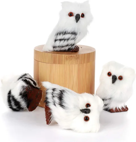 Vista 5 de DULRLLY 5 adornos de Navidad de búho de felpa, lindos animales peludos blancos y negros, adornos de bosque, piel sintética, búho, pájaros, adorno