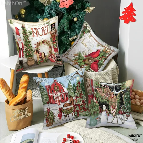 Vista 5 de KatchOn, Fundas de almohada navideñas de 18 x 18 pulgadas, paquete de 4 unidades, fundas de almohada de granja, fundas de almohada de vacaciones