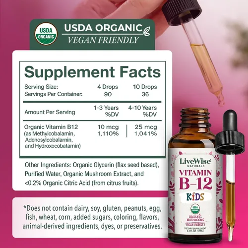 Vista 3 de Gotas líquidas de vitamina B12 para niños, niños pequeños y niños, dosis