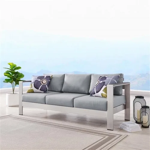 Vista 9 de Modway Sofá de aluminio y tela para patio al aire libre Shore en plata/gris