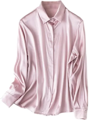 Vista 16 de Women's Satin Silk Buttons Down Long Sleeve Solid Dress Shirts Top Soft Blouse Collar Office Work