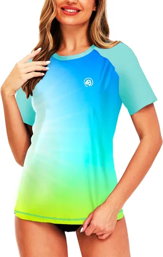 Vista 39 de AOBUTE Camisetas de natación de manga corta para mujer con protección solar degradada