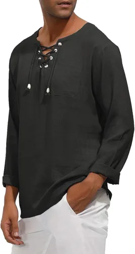 Vista 6 de PJ PAUL JONES Men's Linen Henley Shirt Long Sleeve V Neck Lace Up Renaissance Shirt Yoga Top