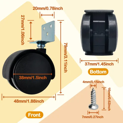 Vista 2 de Ruedas en forma de L de 1.5 pulgadas, ruedas giratorias roscadas sin freno, ruedas de goma silenciosas, rotación de 360 grados, color negro, 8 en un