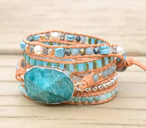 Vista 120 de ZOSOJONA - Pulseras bohemias hechas a mano de piedra natural, que dan vuelta, con cuentas de cristal de turquesa
