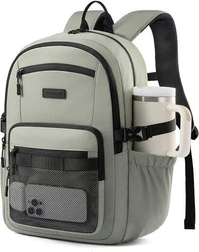Vista 8 de LOVEVOOK Mochila para laptop para mujeres/hombres con correa de hebilla mejorada para portavasos y bolsillo de malla versátil, Negro, 15,6 pulg.