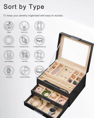 Vista 4 de Joyero con parte superior transparente, organizador grande de 3 capas para mujeres, aretes, anillos, collares, organizador de almacenamiento