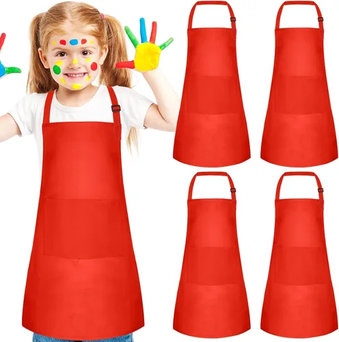Vista 16 de Juego de 5 delantales para niños, delantal ajustable para niños con 2 bolsillos, delantal de chef para niños para pintar, cocinar, hornear, Negro