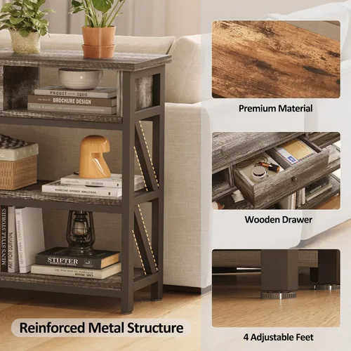 Vista 4 de Mexin Mesa de sofá consola de 39 pulgadas con cajón, mesa de entrada con estantes de almacenamiento, mesa de pasillo de madera industrial para sala