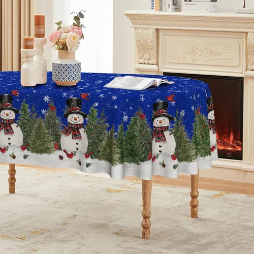 Vista 11 de Horaldaily - Mantel de Navidad rectangular de 52x70 pulgadas, diseño de muñeco de nieve y árboles azules, mantel lavable de temporada