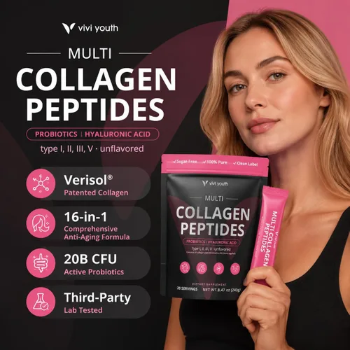 Vista 2 de Polvo de colágeno para mujeres, péptidos de colágeno en polvo con probióticos, proteína de colágeno prebiótica para piel, cabello, huesos