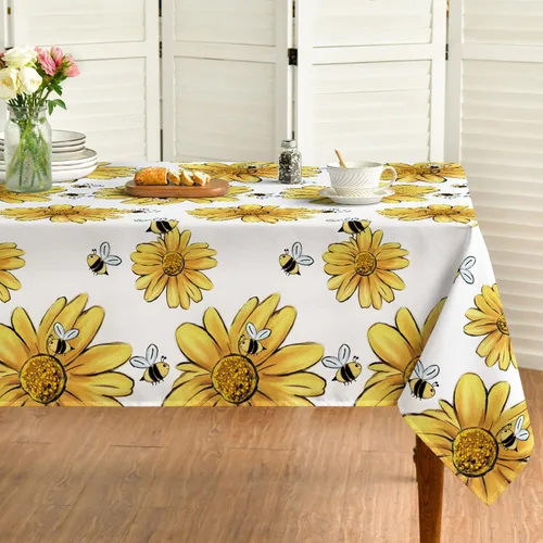 Vista 7 de Horaldaily Mantel de verano de 52 x 70 pulgadas, diseño de girasol amarillo, abejorro, negro, otoño, lavable, para fiesta, picnic, decoración de cena
