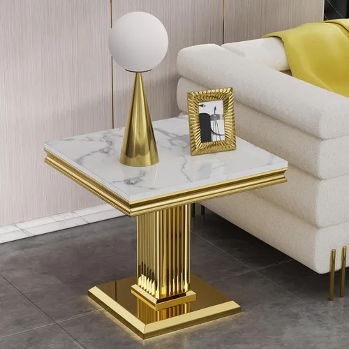 Vista 41 de SSLine Mesa de Centro Rectangular de Mármol Sintético para Sala de Estar, Mesa Central Moderna de Mármol Blanco de Lujo con Base Doble en Forma de U