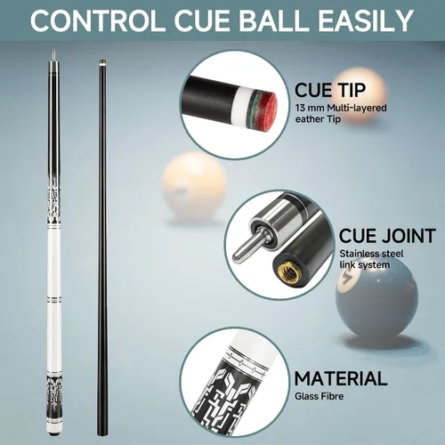 Vista 2 de HomeSeason Fiberglass Pool Cue 58" Professional Pool Stick 12.7mm 4-Layer Tip Low Deflection Cue Stick, 3 * 8/8Joint Pin, Ultra-Smooth, Billiard Cue