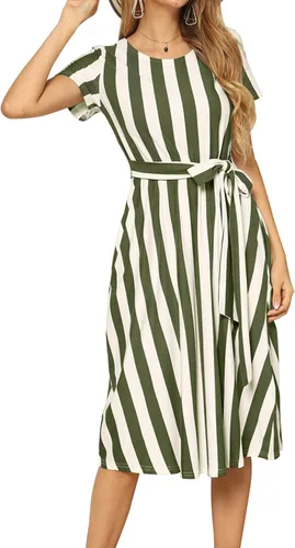 Vista 3 de Levaca - Vestido informal para mujer de manga corta a rayas con cinturón fluido y con bolsillos