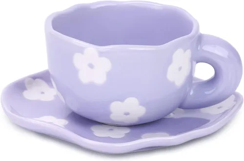 Vista 8 de Noviko Taza de Cerámica a Cuadros Juego de Taza de Té y Platillo de 10 onzas