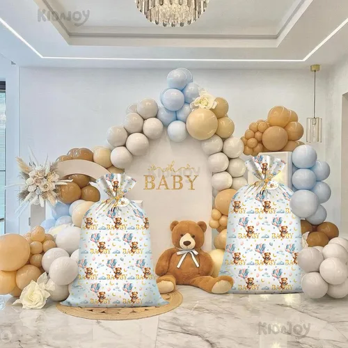 Vista 6 de KIDAJOY Bolsas de regalo extra grandes de oso de peluche, baby shower, Jumbo We Can Bearly Wait, bolsa de regalo de plástico para niñas y niños