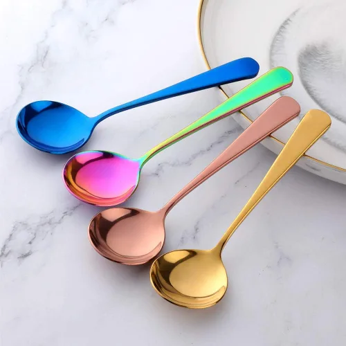 Vista 5 de MINGYU Juego de 4 cucharas de sopa redondas pesadas – Cuchara de caldo de acero inoxidable Muticolor, cucharas para servir la cena, cucharada