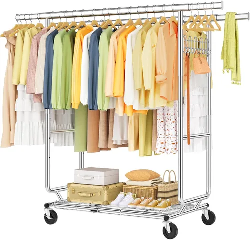 Vista 14 de Hoctieon Perchero de doble varilla de montaje en 2 minutos, estante resistente para ropa con ruedas, plegable para uso comercial, barra extensible