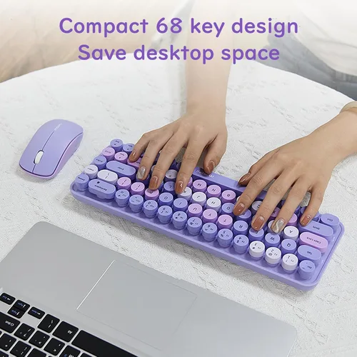 Vista 13 de Combo compacto de teclado y mouse inalámbricos, teclas redondas coloridas, 68 teclas sin sonido, adecuado para niñas y niños, compatible con Azul