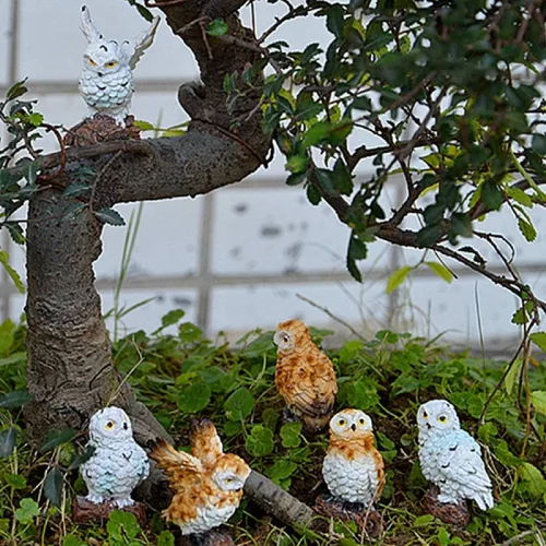 Vista 3 de 5 piezas de búhos de jardín de hadas adornos en miniatura de animales mini figuras de resina para musgo, paisaje, bonsái, manualidades, decoración