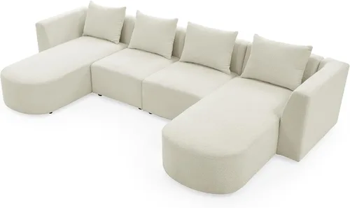 Vista 8 de Quarte Sofá seccional en forma de U, sofá modular con dos asientos individuales, dos sillas, combinación de bricolaje, tela de hilo en bucle Beige/5