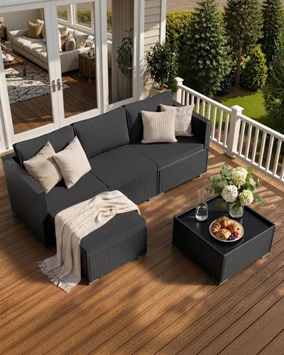 Vista 8 de Skyfish Juego de muebles de patio, reposabrazos anchos, sofá modular de mimbre para todo tipo de clima, 5 piezas para exteriores con diván, juego