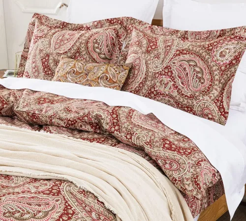 Vista 2 de DAUAOTO Juego de funda de edredón tamaño completo 82"X86" + 2 fundas de almohada, ropa de cama de algodón floral paisley rojo dorado, cierre